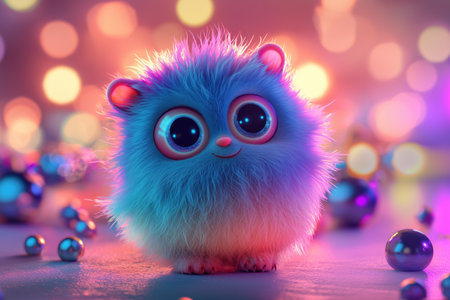 3d illustration of a cute little monster with blue eyes and pink fur.の素材