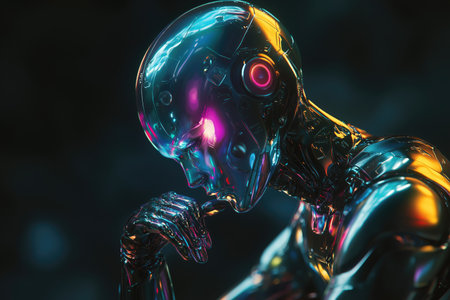 3D rendering of a female robot on dark background with colorful lightsの素材