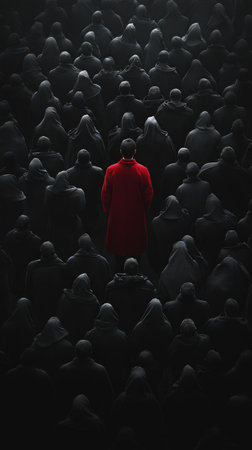 Conceptual image of a man standing in front of a crowdの素材