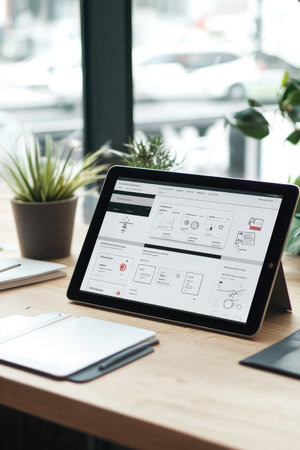 Tablet computer with smart phone and tablet pc on table in officeの素材