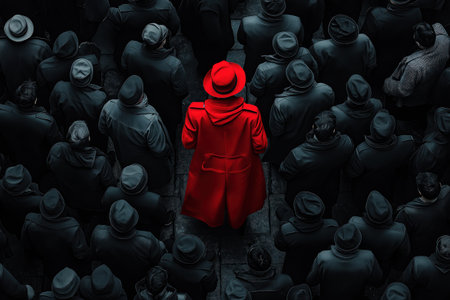 Conceptual image of a group of people standing in a row with one red hooded man in the middleの素材