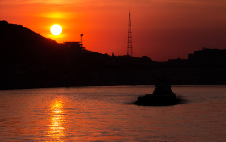 Sunset in Kyiv on river Dnipro summer warm eveningの写真素材