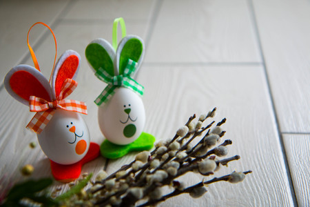 Easter eggs on wooden background. Happy Easter. Creative photo with easter eggs.の写真素材