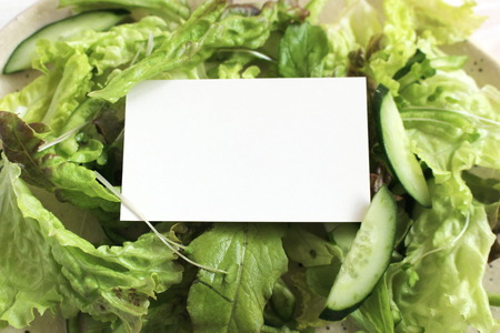 Fresh green salad on white wooden table a blank cardの写真素材