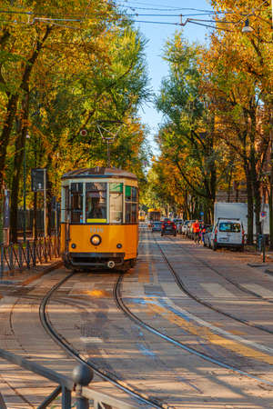 Yellow Tram in Lisbon, Portugal.の写真素材