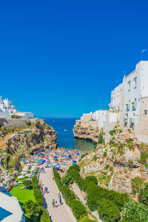 View of the beautiful town of Polignano a Mare in Italyの写真素材