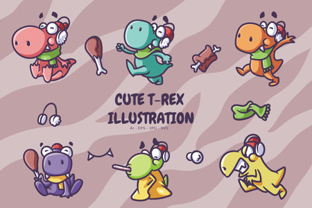 Cute t-rex illustration in winterのイラスト素材