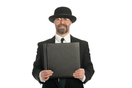 Businessman with a book. Cover with a copy space under the text.