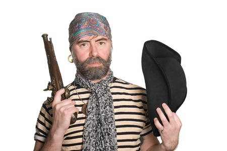 Bearded pirate with tricorn hat and musket