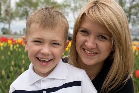 Mother and son in parkの写真素材