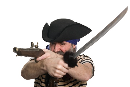 Terrible pirate tricorn hat with a musket and sword.の写真素材