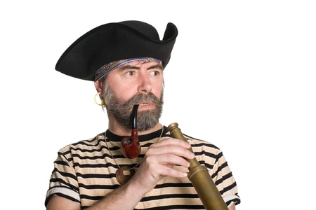 Pirate keeps his telescope and looks anxiously to the side.