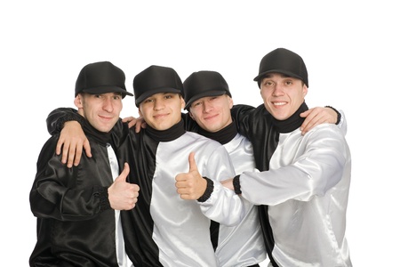 The team of happy guys shows thumbs sign okay.