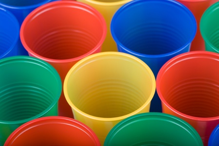 Multi coloured disposable plastic cupsの写真素材