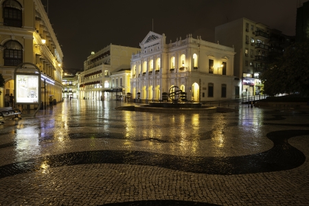 MACAU - OCTOBER 30  Night view in rain on the Historic Centre of Macao - Senado Square on October 30, 2012 in Macau, China  The Historic Centre of Macao was inscribed on the UNESCO World Heritage List in 2005 のeditorial素材