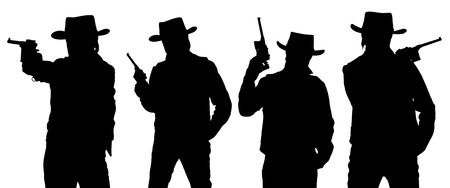 Silhouettes of cowboy with a gun in a stetson isolated on white. の写真素材
