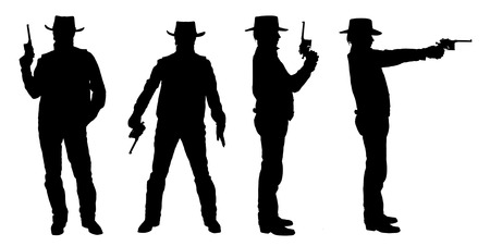 Silhouettes of cowboy with a gun isolated on white.の写真素材