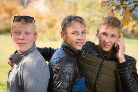 Group of guys talking in the autumn park, two of the boys twin brothers. の写真素材