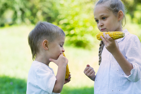 Cute children eating corn. Sister and brotherの写真素材