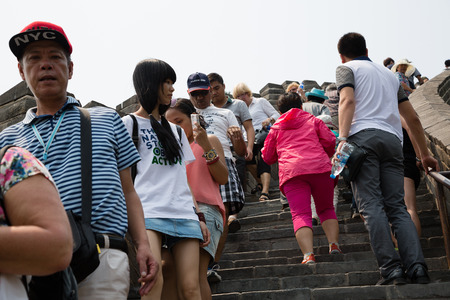 BEIJING - CIRCA JUNE, 2015: Many tourists up and down the steps of the Great Wall of China. Great Wall of China It passes through China, is the longest man-made structure in the world.のeditorial素材