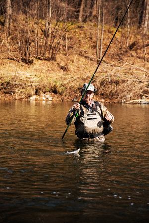 Happy fisherman pulls caught grayling from the riverの写真素材