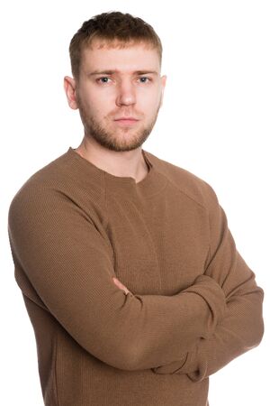 Portrait young handsome European man. Isolated on a white background.の写真素材