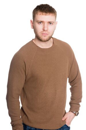 Portrait young handsome European man. Isolated on a white background.の写真素材