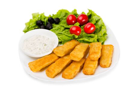 Grilled fish fingers with vegetables. Isolated on white.の写真素材