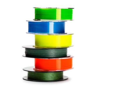 Fishing monofilament line and braided cord  isolated on whiteの写真素材