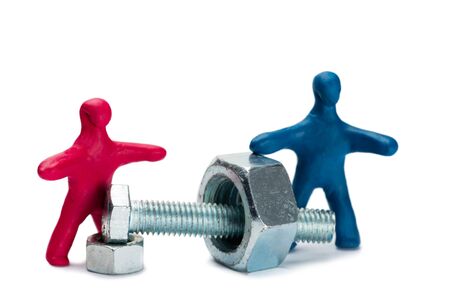 Plasticine small people advertise of metal fasteners isolated on whiteの写真素材