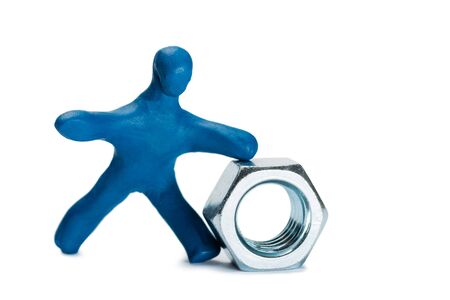 Plasticine small person seller of metal fasteners isolated on whiteの写真素材