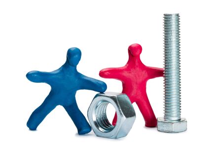 Plasticine small people advertise fasteners isolated on whiteの写真素材