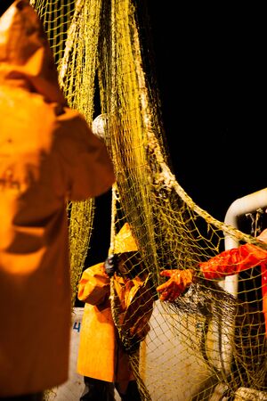 Fishermen choose a trawl with fish aboard at night in the Sea of Japanの写真素材