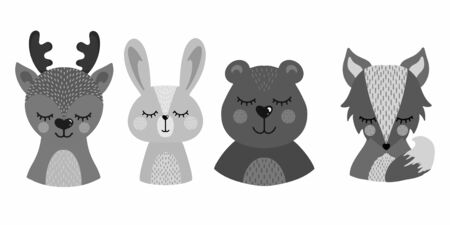Set of cute animal heads in gray tones on isolated white background.vector illustrationのイラスト素材