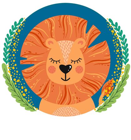 Vector illustration with cute animal. Lion head in a round frame of flowers and leavesのイラスト素材