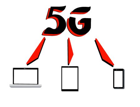 Icon of smartphone, laptop and tablet 5G on an white background. Mobile network of the fifth...