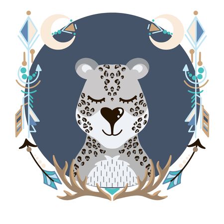 Vector illustration with cute animal. Snow leopard head in a round frame with Scandinavian ornament and reindeer antlersのイラスト素材