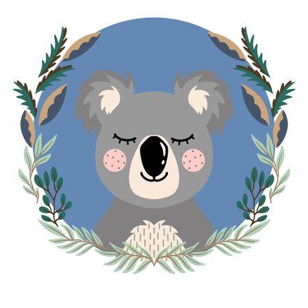 Vector illustration with cute animal. Koala head in a round frame of flowers and leavesのイラスト素材