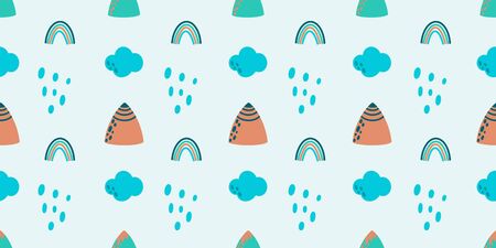 Seamless vector pattern with mountains, rainbows and other elements on a colored background....