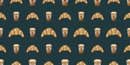 Vector coffee seamless pattern on a colored background. Takeaway coffee cups and fresh delicious croissantsのイラスト素材