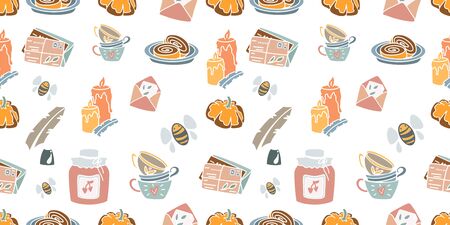 Vector illustration with baking, mugs, candles, letters, jam and other elements. Seamless patternのイラスト素材