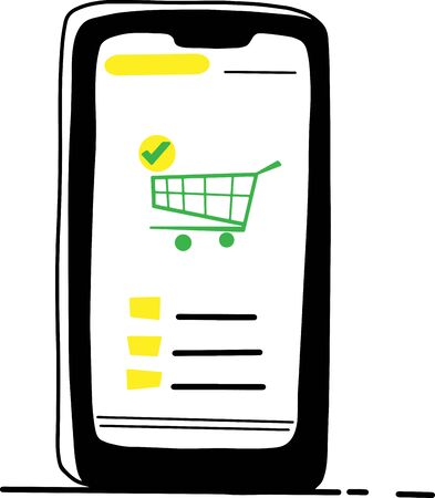 Vector flat business illustration with a phone . Online purchases via the app on your phone.のイラスト素材