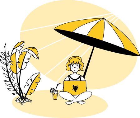 Freelancer woman on the beach with a laptop working remotely. Business illustration for modern advertising of remote work. Vector flat illustrationのイラスト素材