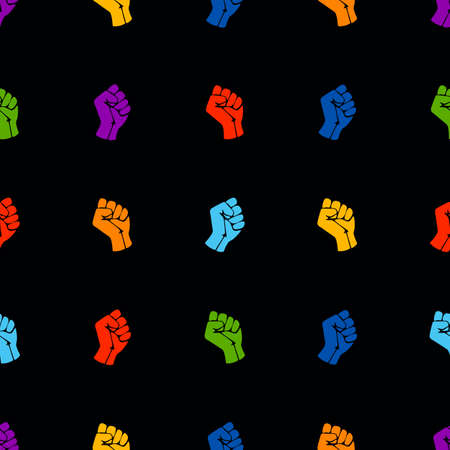 Vector pattern with colorful fists on black background. Symbol of the LGBT community, a rainbow fists.のイラスト素材