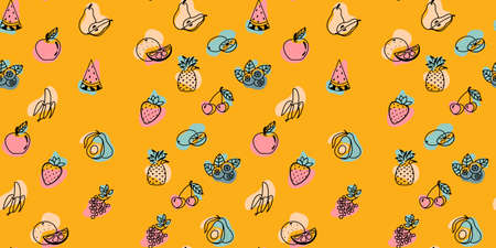 Graphic style fruits and berries seamless vector pattern on colorful background.のイラスト素材