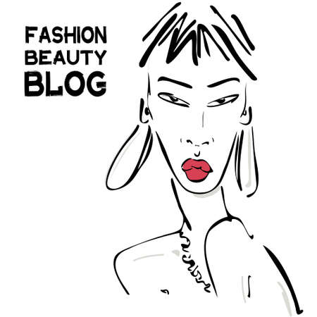 Graphic girl face with jewelry and red lips.のイラスト素材