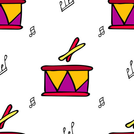 White background pattern with kids toys, drums and sheet music. Vector illustration.のイラスト素材