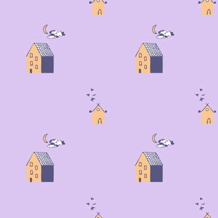 Grey background pattern with yellow and blue houses, moon, clouds and birds.のイラスト素材