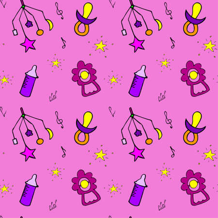 Pink background pattern with kids toys, stars and feeding bottle, sheet music and treble clef.のイラスト素材