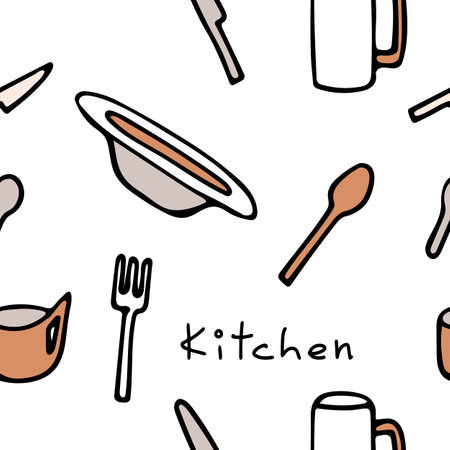 Pattern with kitchen utensils on a white background and lettering Kitchen. Plates, forks, knives, spoons, mugs.のイラスト素材